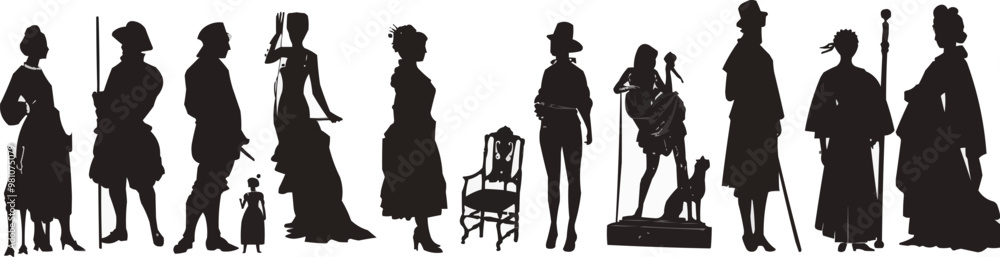 Renaissance art, painters, sculptures, and classical themes, artistic heritage silhouettes, black silhouette, vector illustration, flat style. Renaissance art, painters, sculptures, and classical themes, artistic heritage silhouettes, black silhouette, vector illustration, flat style.