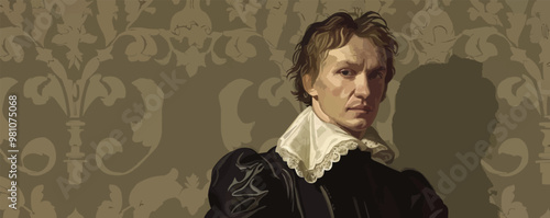 Renaissance portrait with classical attire and realistic shading, flat portrait, vector