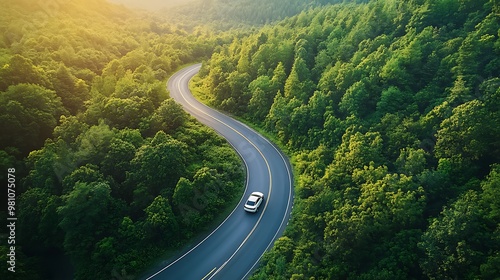 A winding road through lush green forests at sunset, showcasing nature's beauty and tranquility.