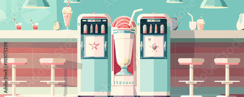 Retro diner poster, 50s style jukebox and milkshakes, classic American nostalgia, flat, vector illustration.