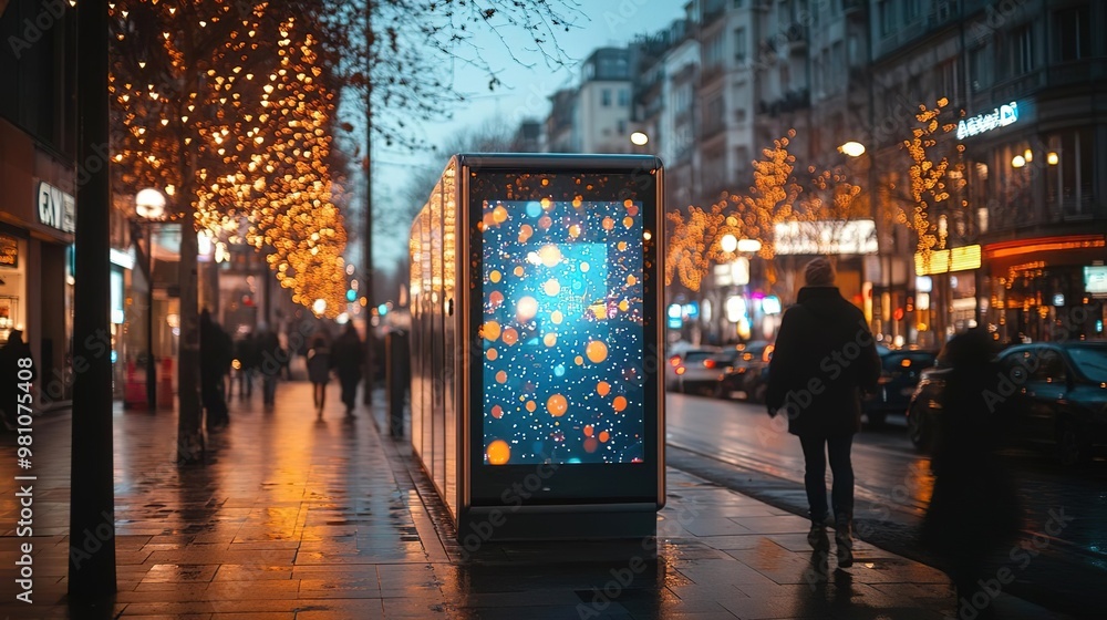 Obraz premium A vibrant city street adorned with holiday lights and a glowing advertisement booth, capturing the festive ambiance at dusk.