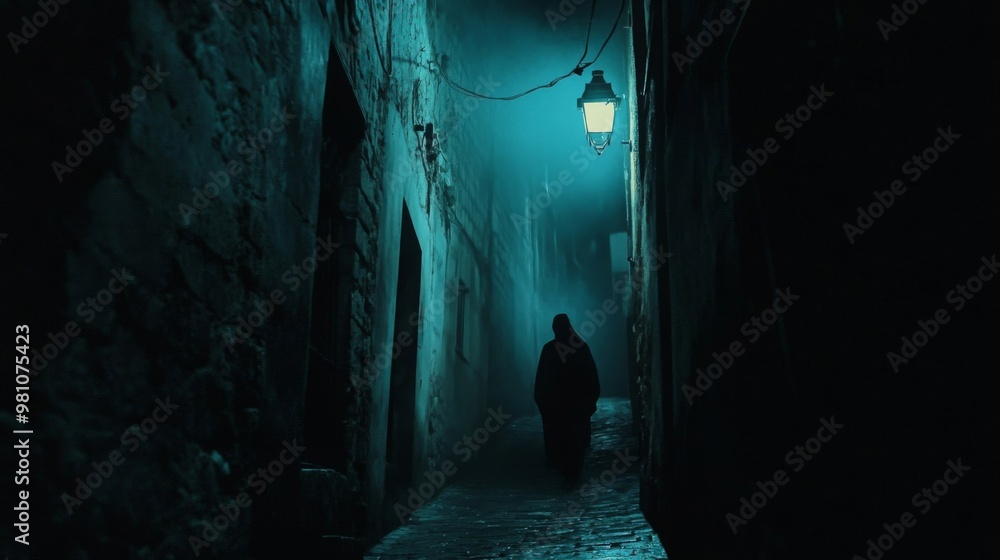 A lone figure walks down a dark, cobblestone alleyway illuminated by a single street lamp. A lone figure walks down a dark, cobblestone alleyway illuminated by a single street lamp.