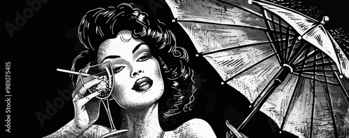 Retro pin-up cocktail umbrella, vector illustration, pin-up style, imitation of a scratch board, black and white image.