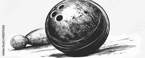 Retro pin-up bowling ball with classic finger holes, vector illustration, pin-up style, imitation of a scratch board, black and white image.