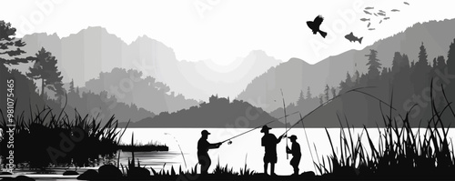 Fishing trip, anglers with rods and fish, serene nature silhouettes, black silhouette, vector illustration, flat style.