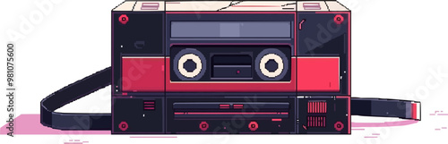 A red and black cassette tape player sits on a white background. The tape player is old and worn, with a black cord hanging off of it. Concept of nostalgia and a longing for simpler times