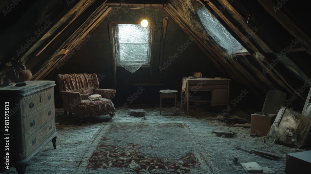 Fototapeta premium A Dusty and Abandoned Attic with Furniture and a Window