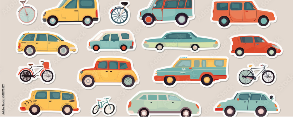 Fun vehicle stickers set with cars, trucks, and bicycles, great for transportation-themed projects and kids' activities, flat stickers set, vector illustration. Fun vehicle stickers set with cars, trucks, and bicycles, great for transportation-themed projects and kids' activities, flat stickers set, vector illustration.