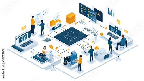 Illustration of a collaborative workspace with technology, data flow, and diverse team members engaged in digital projects.