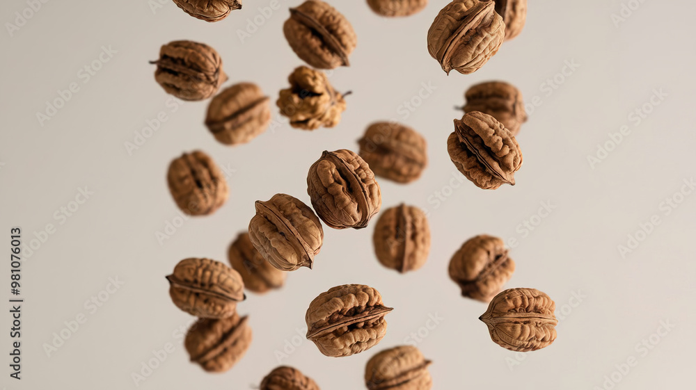 Floating Organic Walnuts in Motion. Isolated on light white background Floating Organic Walnuts in Motion. Isolated on light white background
