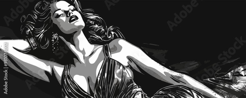 Glamorous pin-up fashion model in a stunning dress, posing for a photoshoot, flat, vector illustration, pin-up style.