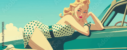 Glamorous pin-up fashion model in a stunning dress, posing for a photoshoot, flat, vector illustration, pin-up style.