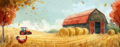Rustic barn in the countryside with hay bales, chickens, and a tractor, flat, vector illustration in watercolor style.