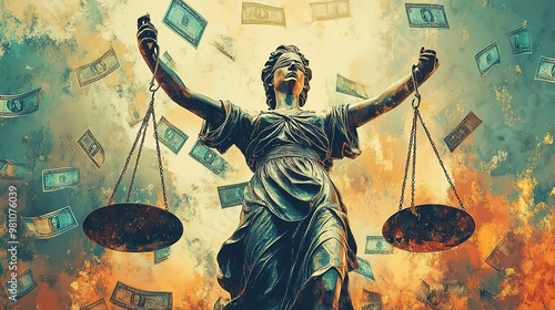 Dramatic depiction of Lady Justice surrounded by flying money, symbolizing the balance between law and finance.