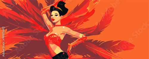 Glamorous pin-up singer in a sparkling dress, holding a vintage microphone, flat, vector illustration, pin-up style.