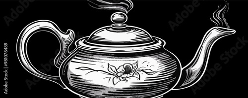 h pin-up teapot with steam, vector illustration, pin-up style, imitation of a scratch board, black and white image.