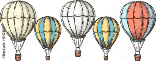 Hand drawn hot air balloon icon vector art on white isolated background, vector design.