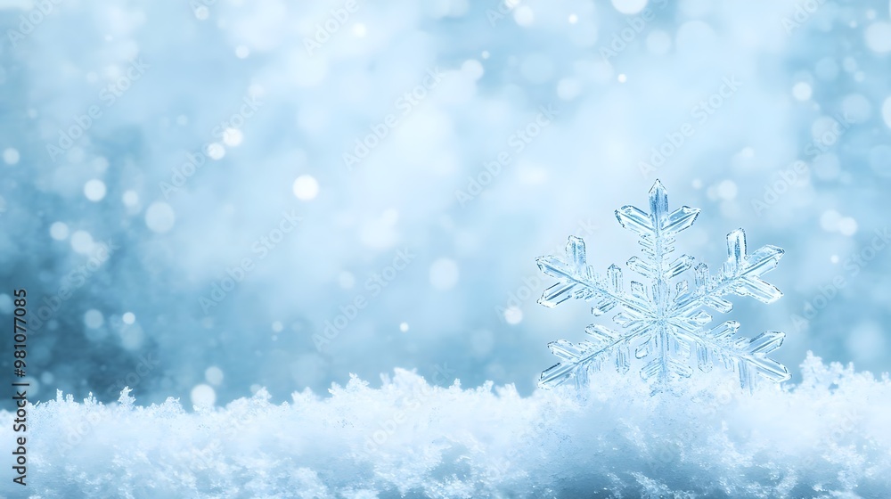 A delicate snowflake rests sparkling on a soft blanket of white snow, showcasing winter's beauty in a serene blue background. A delicate snowflake rests sparkling on a soft blanket of white snow, showcasing winter's beauty in a serene blue background.
