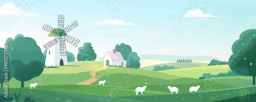 Serene countryside with rolling hills, a windmill, and grazing sheep, flat, vector illustration, Sketch.