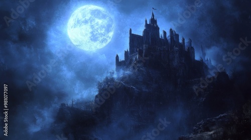 A Silhouetted Castle Perched atop a Cliff Under a Full Moon