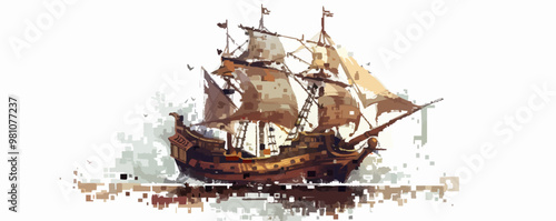 lustrate a pixelated pirate ship sailing, pixel art on white isolated background, vector design.
