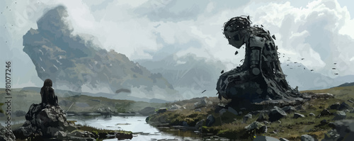 A man and a woman are sitting by a river in a desolate landscape. The woman is looking at the man, and they both seem to be in a contemplative mood. The scene is set in a post-apocalyptic world