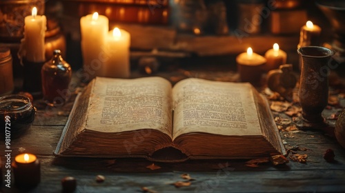 Wallpaper Mural Open Book Surrounded by Candles and Other Objects on a Wooden Table Torontodigital.ca