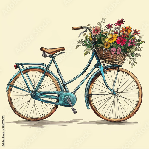Illustrate a detailed vintage bicycle with baskets of flowers, great for nostalgic and retro-themed designs, hand-drawn