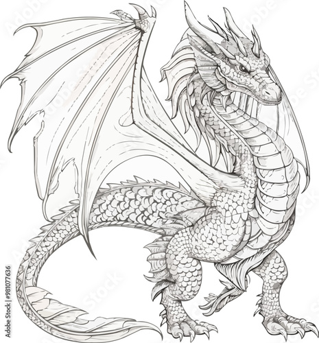 The dragon is drawn in one continuous line on a white background. vector illustration, highlighting the scales, wings, and claws with a continuous line that adds mythical allure.