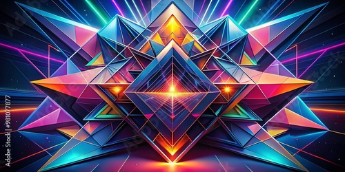 Vibrant geometric shapes and bold lines converge in a mesmerizing abstract design, against a dark backdrop, evoking a