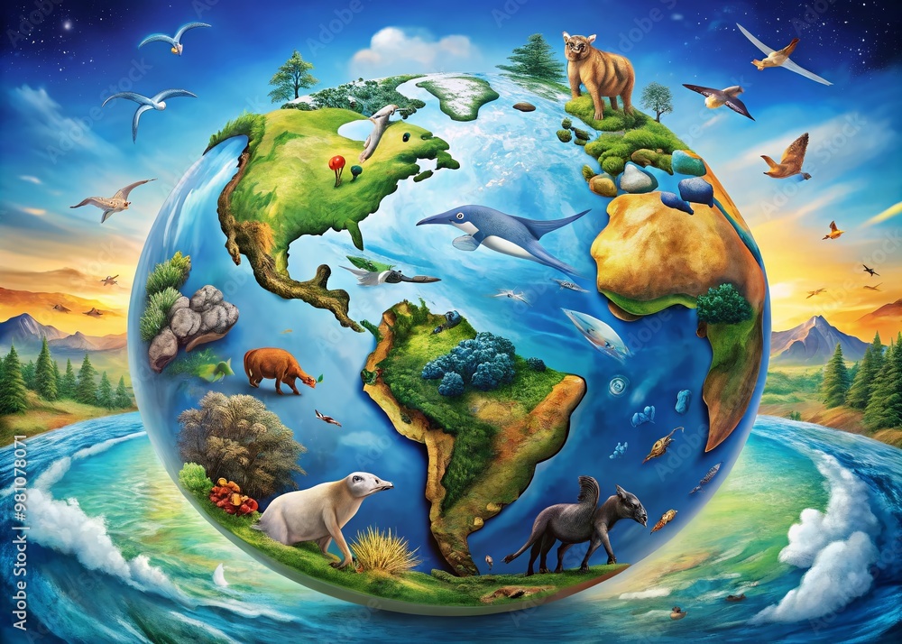 Naklejka premium Vibrant globe illustration featuring seven continents, majestic mountains, vast oceans, and majestic wildlife,