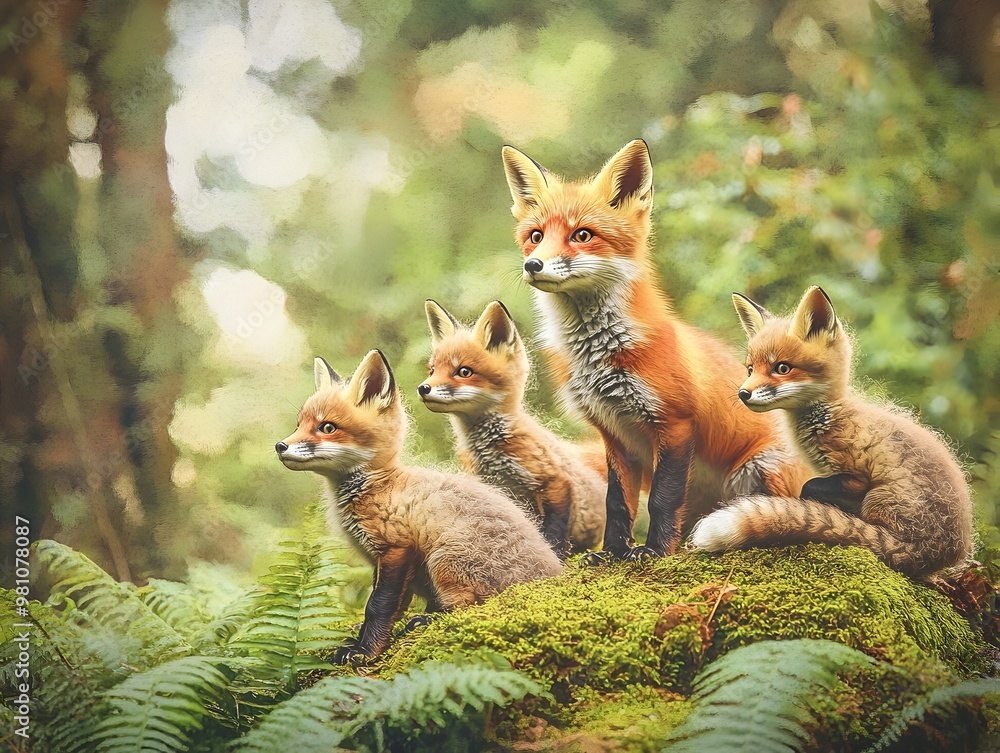 Fototapeta premium Whimsical Woodland Foxes Explore Lush Mossy Glade in Soft Impressionist Watercolor Art