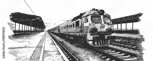 Train pulling into a station sketch engraving vector illustration. Scratch board imitation. Black and white image. Vector illustration