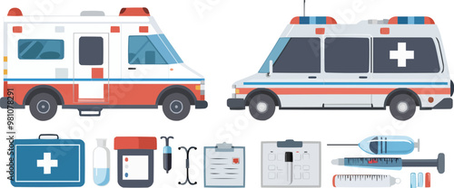 Two white and red emergency vehicles with a red cross on the side
