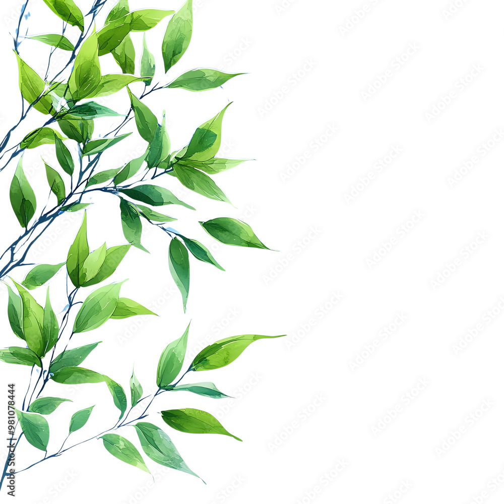 Vibrant green leaves branch with lush foliage, symbolizing nature, freshness, and rejuvenation in a minimalist design. Vibrant green leaves branch with lush foliage, symbolizing nature, freshness, and rejuvenation in a minimalist design.
