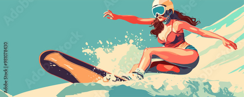 Fun pin-up snowboarder in a vintage outfit, performing a trick, flat, vector illustration, pin-up style.