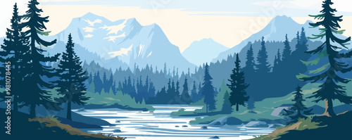 A beautiful mountain landscape with a river running through it. The trees are tall and green, and the sky is clear and blue. The scene is peaceful and serene, and it evokes a sense of calm