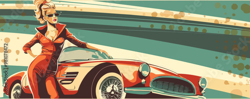 Fun pin-up race car driver in a retro suit, leaning against a vintage car, flat, vector illustration, pin-up style.