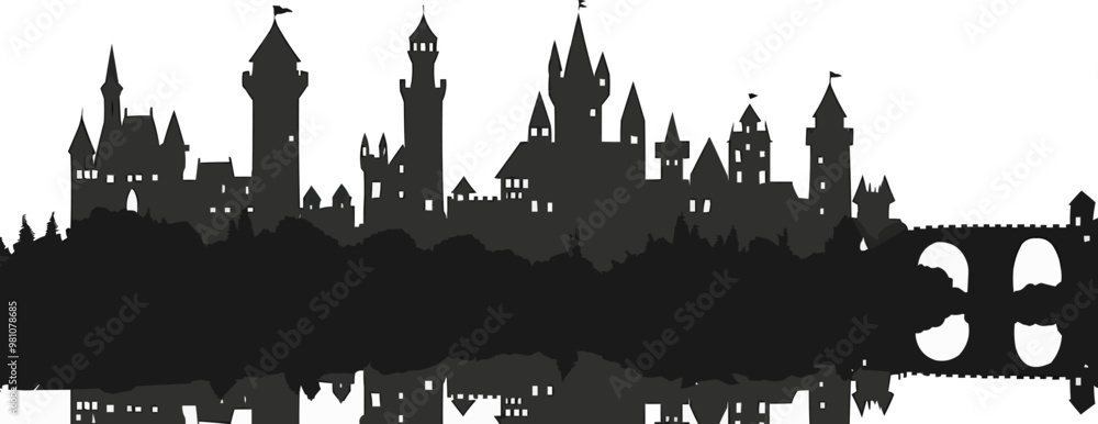 Fototapeta premium Medieval castle, drawbridge and towers, historical fortification, vector illustration, black silhouette, flat style.