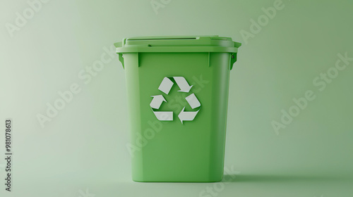 a green trash bin with a recycling sign on a light pastel background