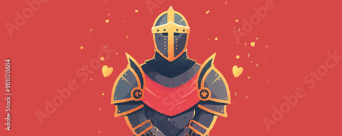 Medieval knight portrait with armor and heraldic symbols, flat portrait, vector illustration.