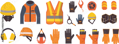 A collection of safety gear and clothing. Concept of caution and preparedness for potential hazards