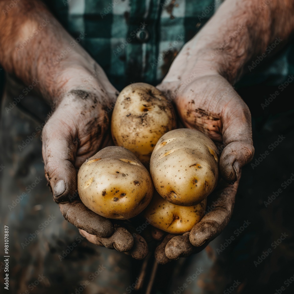 Hands, stained with soil, cradle multiple freshly harvested potatoes against a backdrop of rich earth, highlighting the farmer's connection to the land Hands, stained with soil, cradle multiple freshly harvested potatoes against a backdrop of rich earth, highlighting the farmer's connection to the land