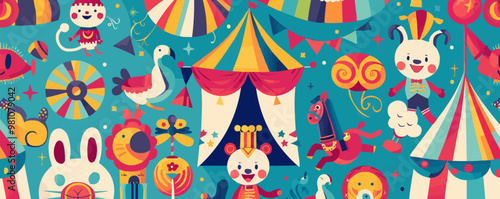 Playful circus clowns, tents, and animals with bright colors, flat, vector illustration, seamless pattern background design.