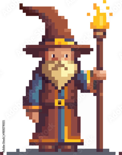 Pixelated wizard icon pixel art on white isolated background, vector design.