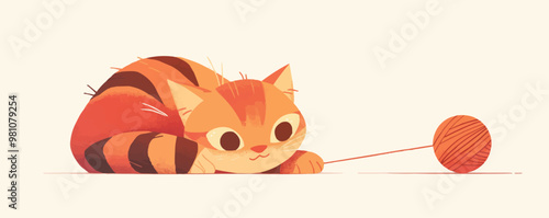 Curious tabby cat playing with a ball of yarn, Vector flat minimalistic isolated illustration
