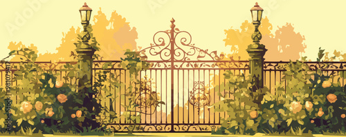 Decorative wrought iron fence in a garden setting. Vector flat minimalistic isolated illustration.