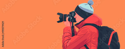 Man with a camera capturing a moment, flat portrait, vector illustration.