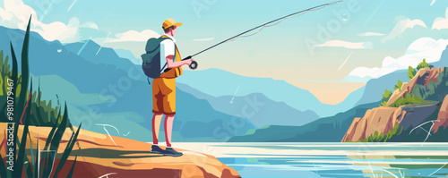 Man with a fishing rod and outdoor vest, flat portrait, vector illustration.