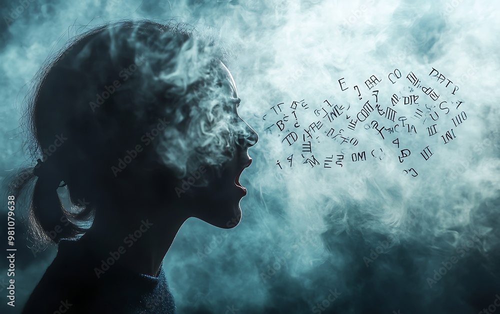 Breath Revealed - Surreal Concept of Words Formed by Fumes Related to Bad Breath Exhaled by Person Breath Revealed - Surreal Concept of Words Formed by Fumes Related to Bad Breath Exhaled by Person